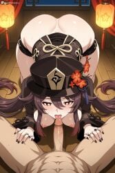 1boy 1girl ai_generated all_fours ass black_headwear black_nails black_shorts blush breasts brown_hair chinese_clothes clothed_female_nude_male digitalwaifugallery erection fellatio flower flower-shaped_pupils genshin_impact hair_between_eyes hat hat_flower hetero hi_res high_quality high_resolution hu_tao_(genshin_impact) jewelry licking licking_penis long_hair long_sleeves looking_at_viewer medium_breasts nipples oral patreon penis plum_blossoms porkpie_hat pov red_eyes seductive sexy short_shorts shorts solo_focus symbol-shaped_pupils tongue tongue_out twintails uncensored watermark