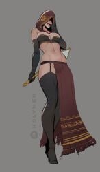 arm_at_side black_garter_belt black_gloves black_thighhighs black_tube_top bottomless breasts child_bearing_hips cleavage commentary covered_face dark_souls_(series) dark_souls_ii desert_sorceress elbow_gloves english_commentary erection garter_belt gloves grey_background hand_to_own_mouth high_heels holding holding_staff holy_meh hood hood_over_eyes hourglass_figure hourglass_figured_female large_breasts long_skirt looking_at_viewer narrow_waist navel precum red_hood shaded_face simple_background skirt slim_waist smile smirk smirking smirking_at_viewer solo staff stomach strapless teeth thighhighs thighs tube_top wide_hips