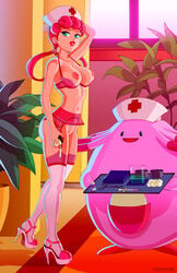 blue_eyes bottomless bra breasts chansey garter_belt high_heels jizzpope legwear lingerie nurse nurse_joy pink_bra pink_hair pink_socks plant poke_ball pokemon pussy shoes smile socks stockings thigh_socks thighhighs uncensored underwear