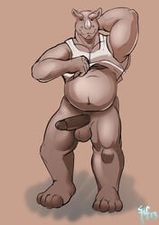 balls bottomless chubby clothed clothing erection half-dressed horrorbuns looking_at_viewer male male_only muscles penis rhinoceros shirt solo tank_top