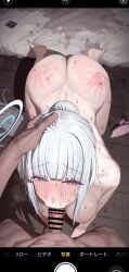 1girl :>= absurdres bar_censor blue_archive breasts censored fake_phone_screenshot fake_screenshot fellatio halo hetero highres licking licking_penis long_hair looking_at_viewer mechanical_halo noa_(blue_archive) oral penis purple_eyes pussy_juice pussy_juice_stain stained_sheets ushikani_kassen viewfinder white_halo