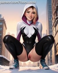 1girl ai_generated aroused ass bare_pussy blonde_hair blue_eyes blush bodysuit buildings city clitoris detailed_pussy dripping exposed_pussy female gwen_stacy highres hood hood_up labia legs looking_at_viewer marvel outdoors partially_clothed pussy pussy_juice smile sneakers snow solo spider-gwen spider-man_(series) spread_legs squatting thighs wet_pussy