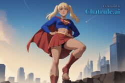 1girl ai_assisted ai_generated barefeet belt big_feet black_pants blonde_hair blue_shirt cape crop_top dark_skin dc_comics dirty_feet from_below full_body hands_on_hips justice_league justice_league_unlimited knee_boots light_blue_eyes long_hair long_sleeves long_toes looking_at_viewer navel presenting_foot red_boots red_skirt sole_focus standing standing_on_one_leg stinky_feet supergirl sweaty_feet twintails yellow_jacket