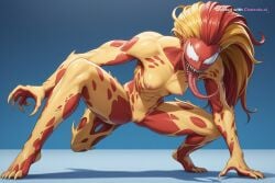 1girl ai_assisted ai_generated anime_coloring claws cleft_of_venus detailed_vagina dynamic_angle dynamic_pose erect_nipples facing_viewer female_focus full_body glossy_lips legs_spread long_tongue monster_girl no_pupils nude red_body red_hair shading shadows sharp_teeth shaved_vagina small_breasts solo solo_female spreading_legs symbiote thick_nipples tiny_breasts two_tone_body two_tone_hair white_eyes yellow_body yellow_hair