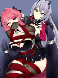 2girls bound kidnapped kidnapping laveellan remielle_dan remielle_dan_(moonlight_whispers) shibari smile