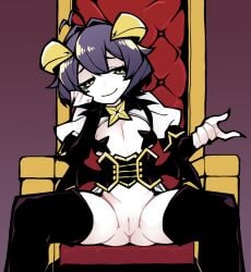 1girl ahoge akableak bat_brooch breasts breasts_apart cleft_of_venus closed_mouth corset cross cross-shaped_pupils cross_facial_mark cross_pasties facial_mark feet_out_of_frame fold-over_gloves forward-facing_horns half-closed_eyes head_on_hand highres horns magia_baiser mahou_shoujo_ni_akogarete medium_hair no_panties on_throne pasties purple_hair pussy shrug_(clothing) sitting small_breasts smile solo symbol-shaped_pupils thighhighs throne yellow_horns