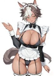 big_breasts blush bowtie breasts breasts_bigger_than_head brown_hair cleavage cleavage_overflow cute_fang female female_focus female_only horse_ears horse_girl horse_tail leotard maid maid_headdress maid_outfit maid_uniform multicolored_hair oerba_yun_fang open_mouth short_hair solo solo_female solo_focus stars_in_eyes tanned tanned_female tanned_skin thick_thighs thighs torisanff14 umari_tomoe virtual_youtuber white_hair yellow_eyes