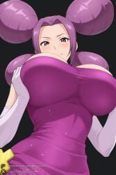 1female 1girl 1girls 2026 ai_generated artist_name big_ass big_breasts black_background blush breasts cleavage closed_mouth curvy dress elbow_gloves fantina_(pokemon) from_below gloves hi_res high_quality high_resolution highres huge_ass huge_breasts large_breasts looking_at_viewer looking_down patreon patreon_username pokemon purple_dress purple_eyes purple_hair quad_tails simple_background smile solo unjobdespiert watermark white_gloves
