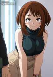 1boy 1girl ai_generated anime anime_style bare_shoulders blush_stickers boku_no_hero_academia boku_no_hero_academia_(finale) breasts brown_eyes brown_hair hentai hi_res large_breasts looking_at_viewer my_hero_academia my_hero_academia_(finale) mystic_maidens ochako_uraraka pants patreon patreon_username short_hair sleeveless smile solo_focus sweater uraraka_ochako watch wristwatch