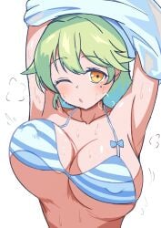 1girl absurdres aqua_hair aqua_shirt bikini bouncing_breasts breasts commentary_request covered_erect_nipples dragon_musume_ni_naritakunai! duel_masters gaiash_kaiser,_the_meteor green_hair highres large_breasts medium_hair miyabi_(butano-hako) mole mole_under_eye multicolored_hair nagareboshi_asche one_eye_closed open_mouth shirt solo striped_bikini striped_clothes sweat sweatdrop swimsuit unaligned_breasts underboob undressing upper_body white_background yellow_eyes