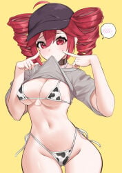 1girl 1girls 2d 2d_(artwork) ahoge ahoge_through_hat alternate_version_available ass_visible_through_thighs bar_censor baseball_cap belly big_thighs bikini black_collar blush blush_lines blushing blushing_female blushing_profusely bottomless breasts bunsekey censored choker cleavage clothes_in_mouth clothes_lift collar commentary_request cow_print cow_print_bikini curvaceous curvy curvy_female curvy_figure double-parted_bangs drill_hair embarrassed embarrassed_female eyelashes female_torso g-string grey_shirt groin hair_between_eyes hat heart highres hips_wider_than_shoulders hourglass_figure huge_thighs index_fingers_raised kasane_teto kasane_teto_(sv) large_thighs lifting_own_clothes lifting_shirt light_blush long_eyelashes medium_breasts midriff motion_lines mouth_hold mv_character navel nipples override_(synthesizer_v) pointing pointing_at_self pussy pussy_juice pussy_juice_trail red_eyes red_hair shirt shirt_in_mouth shirt_lift shirt_lift_via_mouth side-tie_bikini simple_background slim_waist solo sound_effects speech_bubble spoken_heart steam suggestive_fluid swimsuit synthesizer_v thick_thighs thighs trembling twin_drills twitching utau wide_hips yellow_background