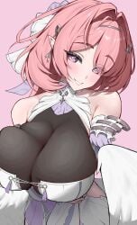 1girl absurdres akatana_(ewokakitaindes) arm_under_breasts bare_shoulders breasts cleavage commentary_request dress hair_intakes hair_ornament highres huge_breasts looking_at_viewer medium_hair mole mole_on_breast multiple_moles pink_background pink_hair pointy_ears purple_eyes remielle_dan see-through_cleavage see-through_clothes simple_background smile solo upper_body white_dress white_wings wings zenless_zone_zero