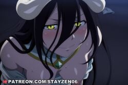 1girl ai ai_art ai_generated albedo_(overlord) anime_coloring bare_shoulders black_hair blush breasts demon_girl demon_horns detached_collar dress dress_pull hair_between_eyes horns long_hair looking_at_viewer medium_breasts nipples off_shoulder overlord_(maruyama) slit_pupils smile solo sweat white_dress yellow_eyes
