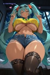 1girl 8k ai_assisted ai_generated beach bedroom black_heels black_lingerie black_thighhighs blush brazilian_miku cloudy_sky curvaceous_body curvaceous_hips curvaceous_thighs curvy dark_skin dark_skinned_female detailed_face double_v floating_hearts from_below front_view half_closed_eyes hatsune_miku heart_shaped_pupils heart_symbol high_quality hourglass_body huge_breasts huge_hips huge_thighs lace_panties lace_thighhighs large_breasts large_thighs looking_at_viewer massive_thighs night parted_lips perfect_body pov seductive_eyes shadow shiny_skin tanlines thick_hips thick_legs thick_thighs thighs thighs_bigger_than_head vocaloid voluptuous wide_hips window