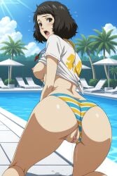 1girl ai_generated ass bikini bikini_bottom_aside bikini_bottom_only black_hair blue_sky blush breasts brown_eyes chair clothes_lift clothing_aside cloud day digitalwaifugallery from_behind hi_res high_quality high_resolution large_breasts looking_at_viewer looking_back lounge_chair medium_breasts nipples open_mouth outdoors palm_tree patreon persona_5 pool poolside pussy pussy_juice sadayo_kawakami seductive sexy shirt shirt_lift short_hair sky solo striped_bikini striped_clothes swimsuit t-shirt tied_shirt tree uncensored water watermark whistle whistle_around_neck white_shirt