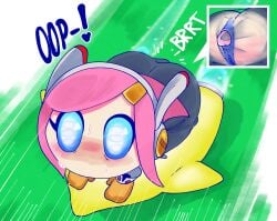 1girls blue_eyes hexanne kirby_(series) permafrost_(artist) poop pooping pseudo_scat scat susie_(kirby) text wide_eyed