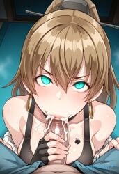 1girl 4k 8k absurd_res african_male aged_down ai_assisted ai_generated all_the_way_to_the_base angry annoyed beautiful beautiful_eyes beautiful_face big_ass black_choker black_gloves blacked blue_jumpsuit brat bratty breath brown_hair bubble_butt choker cleavage crop_top cum_dump cum_dumpster cum_filled cum_in_mouth cum_overflow cum_splatter cum_string curvy dark dark_skin_male deepthroat detailed_background detailed_eyes detailed_face green_eyes ponytail