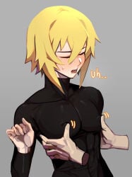 2boys abs androgynous aroused blazblue blonde_hair blushing closed_eyes galadysp jin_kisaragi muscles muscles_through_clothes nipple_play open_mouth playing_with_nipple sweatdrop text tight_clothing yaoi