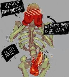 1boy balls ballsack big_penis blush blush_lines blushing cock foreskin papyrus penis penis_out precum precum_drip precum_string skeleton strapmercy testicles throbbing_penis uncut undertale_(series)