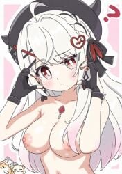 amulet boobs breasts cross fair_skin female female_only gloves hair_ribbon hanamiya_rica hat huge_nipples independent_vtuber looking_at_viewer medium_boobs medium_breasts medium_tits naked naked_female nipples nude nude_female red_eyes solo solo_female solo_focus tits vtuber vtuberfanart white_hair white_skin
