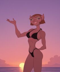 ai ai_generated alien beach bikini body breasts captain_amelia derp_eyes disney dusk feline mature_female milf raised_arm sexy sexy_pose sunset sunset_background swimsuit thin treasure_planet