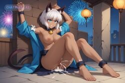 1girl ai_assisted ai_generated anal_sex animal_ears arms_up barefoot blue_eyes cat_tail clothing_aside dark_skin foot_fetish full_body_view ganassa ghost_in_the_shell gore highres knees_up ms._fortune_(skullgirls) orgasm panting sexy_clothing source_anime squirting white_hair