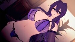 bra breasts doki_doki_literature_club lace-trimmed_bra large_breasts lingerie looking_at_viewer panties pose posing purple_hair sleeves yuri_(doki_doki_literature_club)