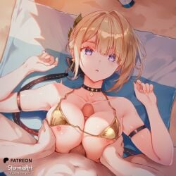 1boy 1girl ai_generated beach blonde_hair blush breast_press breasts evelyn_chevalier gold_bikini hetero highres large_breasts looking_at_viewer micro_bikini nipples nsfw outdoor paizuri penis purple_eyes shiny_skin short_hair stormiaart sweat titjob towel uncensored zenless_zone_zero