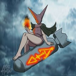ablazemosquit0 artillery_witch boobs demon demon_girl demon_humanoid demoness feet grey_skin looking_at_viewer no_face pinup pussy_peek ribs thin_female trench_crusade