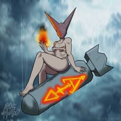 ablazemosquit0 artillery_witch boobs bound_breasts demon demon_girl demon_humanoid demoness feet grey_skin looking_at_viewer no_face pinup pussy_peek ribs thin_female trench_crusade