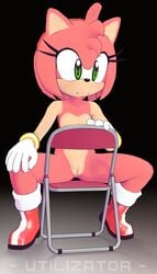 amy_rose anthro bottomless bracelet breasts chair female female_only folding_chair functionally_nude fur gloves hedgehog mostly_nude pussy sega shoes solo sonic_(series) topless utilizator