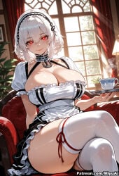 1girl ai_assisted ai_generated anchor_choker apron azur_lane bangs blush breasts choker cleavage collarbone crossed_legs cup curvaceous curvy curvy_female curvy_figure dress eyebrows_visible_through_hair female frills hair_between_eyes hairband indoors lace-trimmed_hairband large_breasts looking_at_viewer miyuai puffy_sleeves red_eyes ribbon short_hair short_sleeves sirius_(azur_lane) sitting smile solo thick thick_ass thick_butt thick_hips thick_legs thick_thighs thighhighs thighs voluptuous voluptuous_female white_hair white_legwear wide_hips wide_thighs window