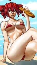 1girls 2d 2d_(artwork) ahoge artist_request baguette beach belly big_thighs bikini bikini_bottom bikini_top breasts cameltoe clavicle crossed_legs curvaceous curvy curvy_female curvy_figure erect_nipples female female_only food holding_object kasane_teto large_thighs looking_at_viewer medium_breasts micro_bikini midriff nipple_bulge nipples_visible_through_clothing pussy_lips red_eyes red_hair sitting sitting_on_ground skimpy skimpy_bikini sky slim_waist small_bikini smile solo solo_female string_bikini thick_thighs thighs twin_drills underboob utau voluptuous voluptuous_female wide_hips