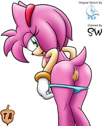 amy_rose anthro anus ass back_view breasts clothes female female_only frozesolidfox fur furry furry_ass furry_only furry_tail green_eyes headband hedgehog mammal open_mouth pink_fur pussy sega short_hair simple_background solo sonic_(series) standing tail topless uncensored undressing white_background