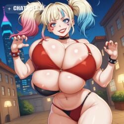 1girl 8k adult ai_assisted ai_generated ass black_clothing blonde_hair blue_eyes blue_hair breast_expansion cinematic cityscape cleavage depth_of_field enormous_breasts eyes_half_closed harley_quinn harley_quinn_(suicide_squad_isekai) home in_heat indoors large_breasts living_room looking_at_viewer makeup multicolored_hair night_time outdoors oversized_breasts pink_hair red_lips scenery seductive_eyes seductive_smile short_stack smile source_anime suicide_squad suicide_squad_isekai thick_thighs tiny_waist uncensored wide_hips
