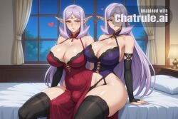 1girl ai_assisted ai_generated bedroom black_lingerie black_thighhighs blush cleavage curvaceous_body curvaceous_hips curvaceous_thighs curvy detailed_face dress elf floating_hearts futa_is_smaller half_closed_eyes heart_shaped_pupils heart_symbol high_quality himekishi_lilia hourglass_body huge_breasts huge_hips huge_thighs lace_panties lace_thighhighs large_breasts large_thighs long_dress looking_at_viewer massive_thighs night panties_bulge parted_lips perfect_body pointy_ears purple_hair seductive_eyes sexy_pose shiny_skin shy small_balls small_penis_futa thick_hips thick_legs thick_thighs thighhighs thighs thighs_bigger_than_head tsundere voluptuous wide_hips window