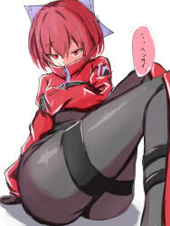 1girl 1girls arm_on_breast ass big_ass big_butt black_bodysuit black_clothing blush blush_lines blushing blushing_at_viewer bodysuit bow bowtie butt cape cloak gloves hair_bow hair_ribbon hips hips_wider_than_shoulders insult insulting_viewer isgod jacket japanese japanese_text latex latex_bodysuit latex_clothing long_sleeves looking_at_viewer nervous red_clothing red_eyes red_hair red_jacket ribbon rock_n_rock_n_beat sekibanki short_hair shrug_(clothing) simple_background sitting small_breasts solo solo_female solo_focus speech_bubble straps sweat sweatdrop thick_thighs thigh_focus thigh_strap thighs thighs_focus touhou white_background wide_hips wide_thighs zipper