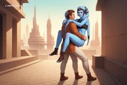 1girl ai_assisted ai_generated anal anal_penetration big_dick blue_skin carrying city earrings full_body hair_accessory knights_of_the_old_republic leg_lock lekku looking_at_viewer necklace outdoors smile source_anime standing star_wars