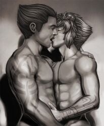 darius_(league_of_legends) ezreal french_kiss human kissing league_of_legends male male_only monochrome penis short_hair simple_background tattoo uncensored