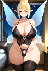 1girl ai_assisted ai_generated bedroom black_lingerie black_thighhighs blonde_hair blush curvaceous_body curvaceous_hips curvaceous_thighs curvy detailed_background detailed_face fairy_wings floating_hearts futa_is_smaller half_closed_eyes heart_shaped_pupils heart_symbol high_quality hourglass_body huge_breasts huge_hips huge_thighs lace_panties lace_thighhighs large_breasts large_thighs looking_at_viewer massive_thighs night panties_bulge parted_lips perfect_body pointy_ears seductive_eyes sexy_pose shiny_skin short_hair shy single_hair_bun small_balls small_penis_futa thick_hips thick_legs thick_thighs thighs thighs_bigger_than_head tsundere voluptuous wide_hips window