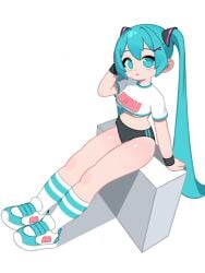 1girl :d alternate_costume aqua_eyes aqua_hair aqua_nails aqua_necktie bangs black_arm_warmers black_leotard black_thighhighs blue_eyes buruma crop_top deformed female full_body grey_shirt hair_between_eyes hair_ornament hands_up hatsune_miku highres hochihochiha hochihochihavocaloid holding holding_microphone kneehighs leotard long_hair looking_at_viewer microphone necktie open_mouth own_hands_together shirt shoes short_sleeves sidelocks simple_background sleeveless sleeveless_shirt smile sneakers socks solo standing thigh_gap thighhighs twintails very_long_hair white_background white_shirt white_socks x_hair_ornament