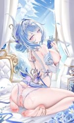 1girl absurdres alternate_breast_size_(larger) bare_shoulders barefoot blue_flower blue_gloves blue_hair blue_sky breasts bridal_gauntlets censored chinese_commentary cloud commentary_request crotchless crotchless_panties curtains detached_sleeves flower from_behind genshin_impact gloves hair_intakes hair_ornament highres holding holding_flower indoors jndfh large_breasts looking_at_viewer mosaic_censoring nipples odette_(genshin_impact) on_bed panties parted_lips pillow purple_eyes pussy pussy_juice short_sleeves sky solo underwear variant_set white_bridal_gauntlets white_panties