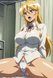1girl ai_generated ass_visible_through_thighs bed blonde_hair blush bow bow_panties breasts brown_eyes button_gap buttons cameltoe cleavage collared_shirt covered_nipples crotch_seam curtains dark-skinned_female dark_skin dress_shirt hair_between_eyes hexogen highschool_of_the_dead indoors large_breasts long_hair long_sleeves looking_at_viewer marikawa_shizuka neck_ribbon no_pants on_bed open_mouth panties red_ribbon ribbon saliva school_uniform shiny_skin shirt shizuka_marikawa sidelocks sitting solo spread_legs teeth thighs tongue tongue_out underwear web_address white_panties white_shirt yellow_eyes