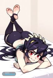 1girl ai_assisted ai_generated anklet bare_shoulders barefeet bedroom black_hair cleavage curvy curvy_body detailed_feet eyes_half_closed feet_up glossy_lips gorgeous grin hd hot_body looking_at_viewer narrow_waist petite prone_position red_eyes round_ass small_breasts soft_breasts the_pose thick_lips thick_thighs thigh_highs tired very_long_hair wide_hips
