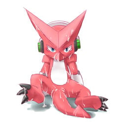 bald blue_eyes blush claws crying cum cum_everywhere cum_on_arm cum_on_face cum_on_floor cum_on_leg cum_on_stomach cum_on_tail cum_string cute digimon headgear headphones looking_at_viewer messy plain_background quiver raised_leg red_skin scalie shadow shoutmon sitting unknown_artist white_background young