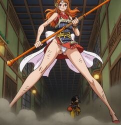 armor ass_visible_through_thighs bandage bare_shoulders bracelet brown_eyes dirty dust edited groin hair_flower hallway holding_weapon japanese_clothes legs_apart long_hair long_legs nami_(one_piece) one_piece orange_hair pantyshot running_away sash screencap screenshot short_kimono side_slit smoke thighs thong upscaled usopp wavy_hair white_thong
