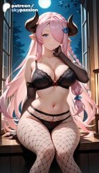 1girls 2026 ai_assisted ai_generated anime big_breasts boobs bra breasts bust busty fishnet_legwear fishnets granblue_fantasy hair_over_one_eye hi_res high_quality high_resolution highres horns indoors large_breasts light_purple_hair long_hair moonlight narmaya_(granblue_fantasy) navel night night_sky open_window patreon patreon_username pointy_ears skypassion solo stable_diffusion tits underwear watermark window