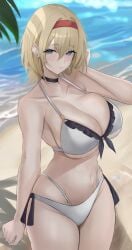 1girl 7saki absurdres alice_margatroid alternate_breast_size_(larger) alternate_costume beach bikini blonde_hair blue_eyes breasts hair_between_eyes hairband highres large_breasts looking_at_viewer navel ocean red_hairband sand short_hair side-tie_bikini_bottom solo summer swimsuit thighs touhou white_bikini