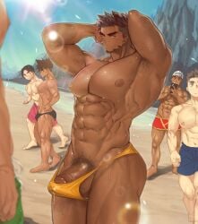 5boys abs armpit_hair armpits arms_up balls bara beach beefy being_recorded being_watched biceps big_areola big_balls big_bulge big_glans big_penis breasts broad_shoulders brown_hair bulge bulge_through_clothing daddy dark_penis dark_skin dilf eight_pack erection erection_under_clothes exhibitionism foreskin_folds gay hi_res huge_cock hunk inviting looking_at_viewer male male_breasts male_only manly mature_male moobs morning muscles muscular muscular_arms muscular_ass muscular_legs muscular_male muscular_thighs nude original original_character pecs penis penis_bigger_than_head pose posing practically_nude pubic_hair quadriceps retracted_foreskin seaside seductive shameless shina_(mjaldrarland) short_hair six_pack skin_tone_difference solo_focus standing sweat sweatdrop sweating sweaty swimsuit thick thick_eyebrows thick_legs thick_penis thick_thighs thong tough_guy triceps uncensored yaoi