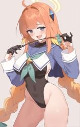 1girls absurdres ahoge black_gloves black_leotard black_thighhighs blue_archive blue_eyes blue_shrug braid breasts commentary_request frilled_thigh_strap glasses gloves half_gloves highres large_breasts leotard library_committee_(blue_archive) light-skinned_female light_skin long_hair looking_at_viewer official_alternate_costume orange_hair parted_lips shimiko_(blue_archive) shimiko_(magical)_(blue_archive) shrug_(clothing) solo thigh_strap thighhighs thighs trinity_general_school_student twin_braids twintails very_long_hair
